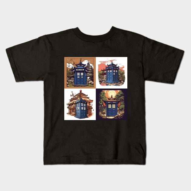 Illustration of four blue tardis in Japan on sunset Kids T-Shirt by KOTYA